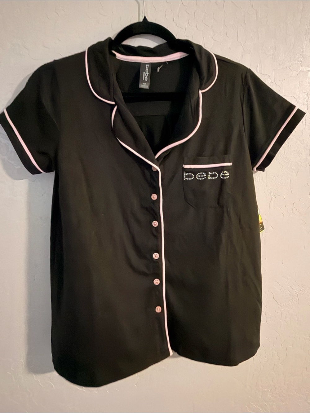 bebe Black Short-Sleeve Pajama Top with Pink Piping